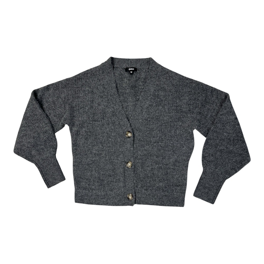 Quince Baby Alpaca-Wool Blend Cardigan Size M Gray Ribbed Button-Up Sweater Cozy